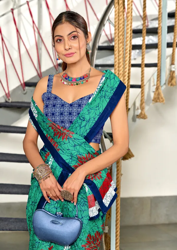 Handicraft_Beautiful_Handicraft_Pure_Soft_MulMulcotton_IKKAT_Hand_Blcok_Print_Saree_With_Blouce_Piece