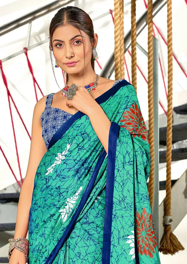 Handicraft_Beautiful_Handicraft_Pure_Soft_MulMulcotton_IKKAT_Hand_Blcok_Print_Saree_With_Blouce_Piece