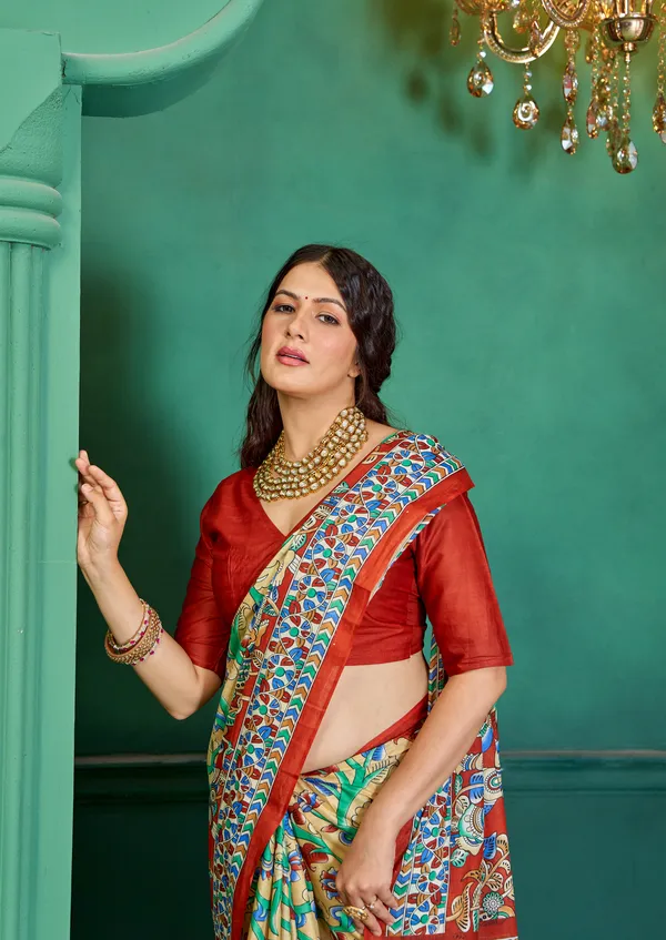 Beautiful_Handicraft_Pure_Soft_MulMul_Cotton_Meenakari_Hand_Print_Saree_With_Blouse_Piece