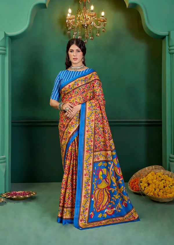 Beautiful_Handicraft_Pure_Soft_MulMul_Cotton_Meenakari_Hand_Print_Saree_With_Blouse_Piece