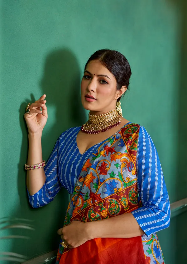 Beautiful_Handicraft_Pure_Soft_MulMul_Cotton_Meenakari_Hand_Print_Saree_With_Blouce_Piece