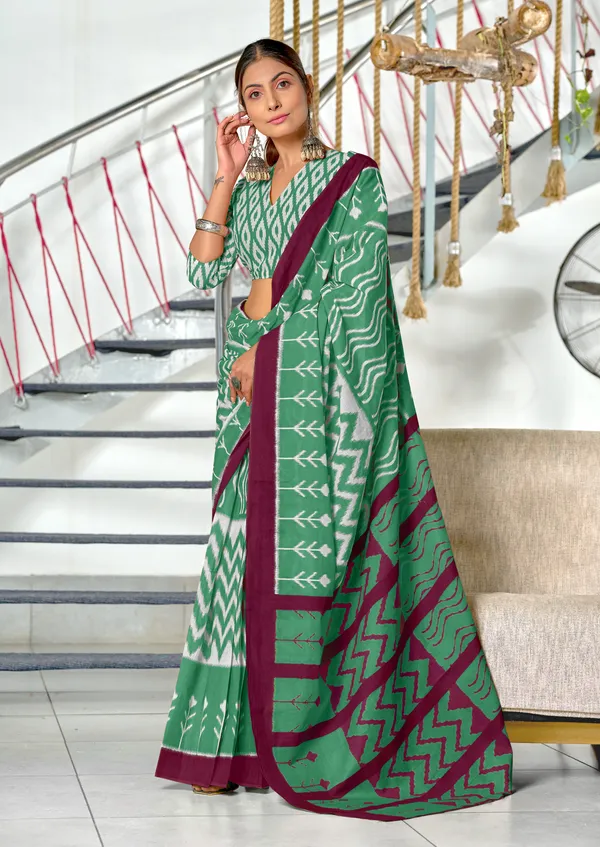 Handicraft_Beautiful_Handicraft_Pure_Soft_MulMulcotton_IKKAT_Hand_Blcok_Print_Saree_With_Blouce_Piece
