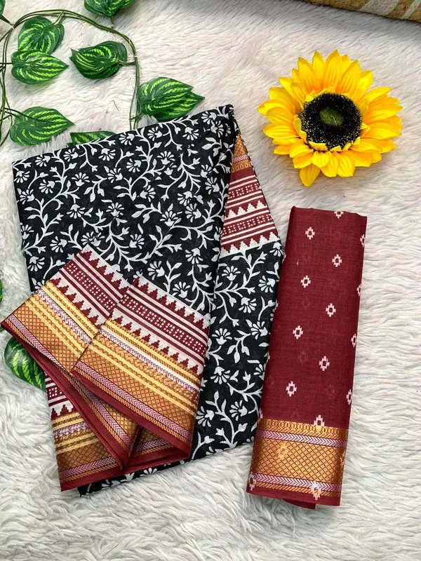 Black_New_Stylish_Zari_Border_Ajarkh_Block_Print_Pure_Mulmul_Cotton_Saree