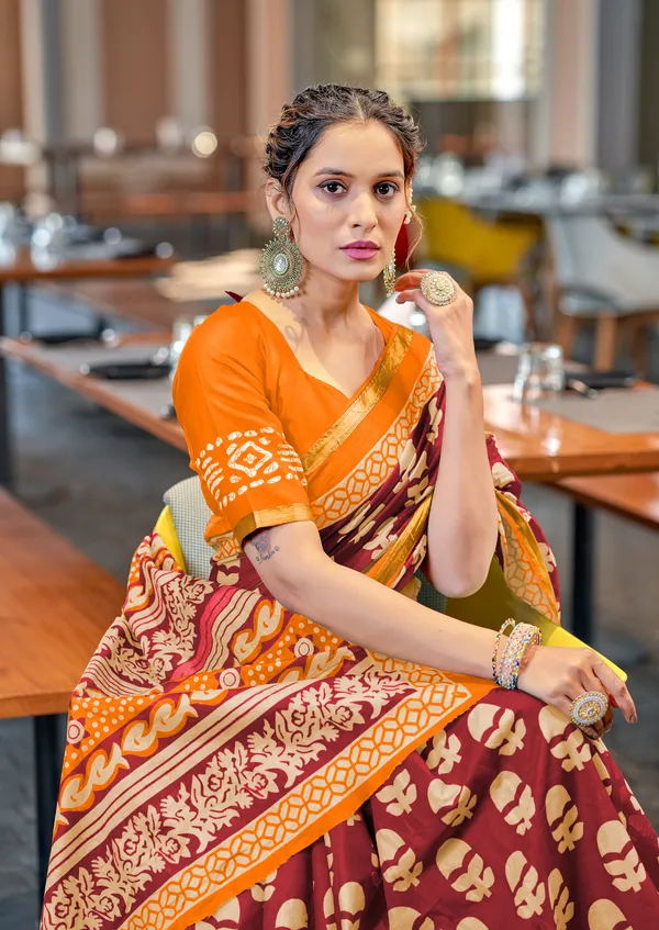 Maroon_Beautiful_Zari_Border_Handicraft_Pure_Soft_MulMul_Ikkat_Hand_Print_Cotton_Saree_With_Blouse_Piece