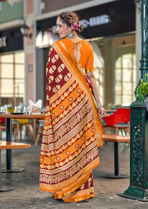 Maroon_Beautiful_Zari_Border_Handicraft_Pure_Soft_MulMul_Ikkat_Hand_Print_Cotton_Saree_With_Blouse_Piece