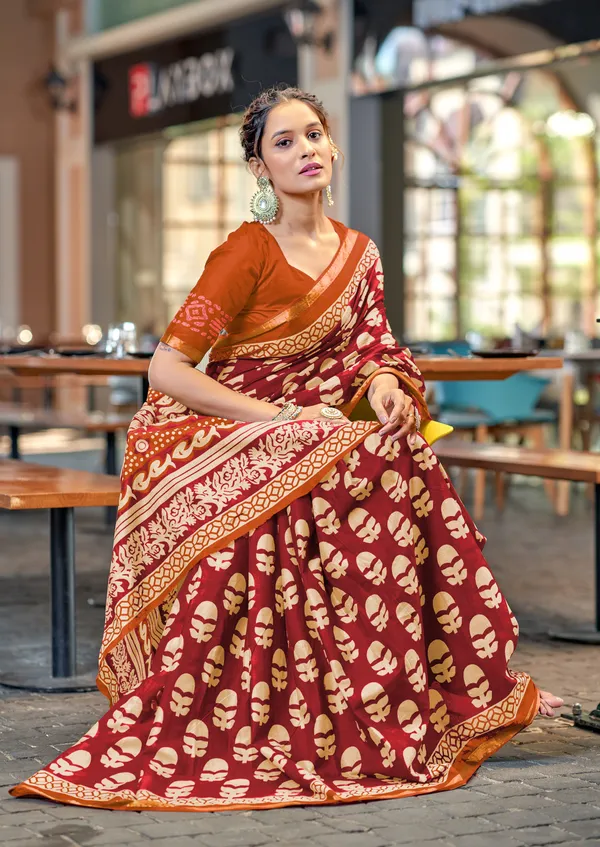 Maroon_Beautiful_Zari_Border_Handicraft_Pure_Soft_MulMul_Ikkat_Hand_Print_Cotton_Saree_With_Blouse_Piece