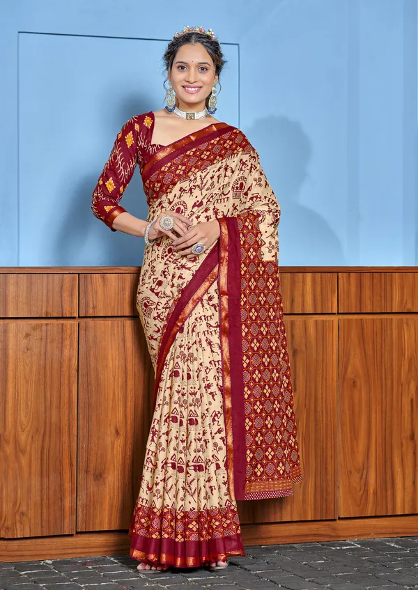Beautiful_Zari_Border_Handicraft_Pure_Soft_MulMul_Ikkat_Hand_Print_Cotton_Saree_With_Blouse_Piece
