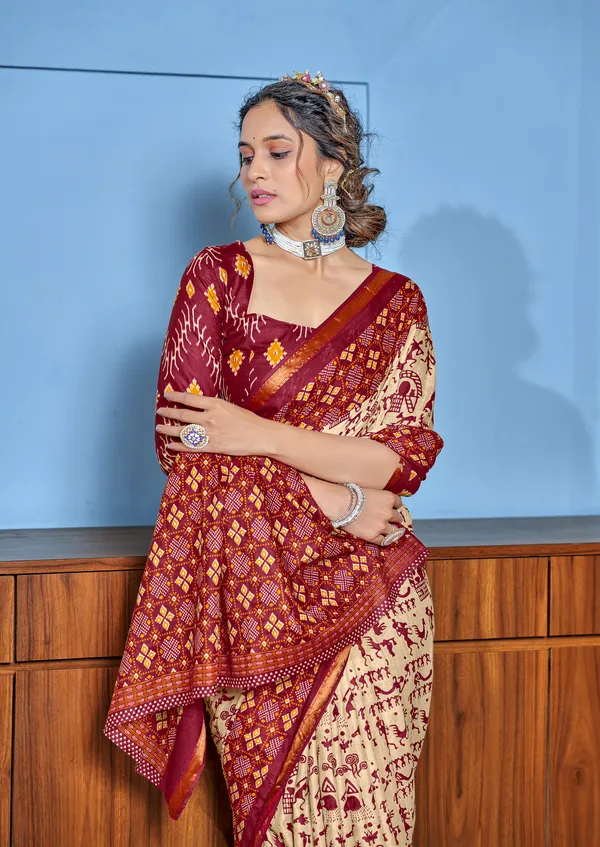 Beautiful_Zari_Border_Handicraft_Pure_Soft_MulMul_Ikkat_Hand_Print_Cotton_Saree_With_Blouse_Piece