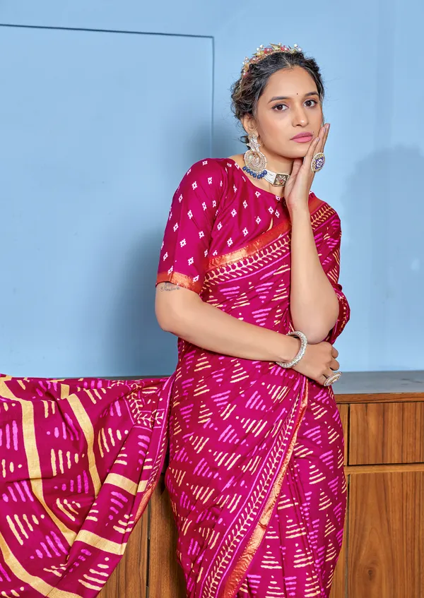 Pink__Beautiful_Zari_Border_Handicraft_Pure_Soft_MulMul_Ikkat_Hand_Print_Cotton_Saree_With_Blouse_Piece