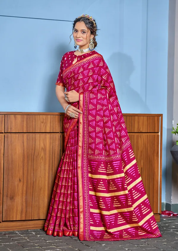 Pink__Beautiful_Zari_Border_Handicraft_Pure_Soft_MulMul_Ikkat_Hand_Print_Cotton_Saree_With_Blouse_Piece