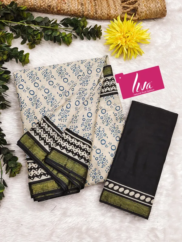 Beautiful_Handicraft_Pure_Soft_MulMul_Cotton_Block_Printed_Zari_Border_Saree_With_Blouse_Piece