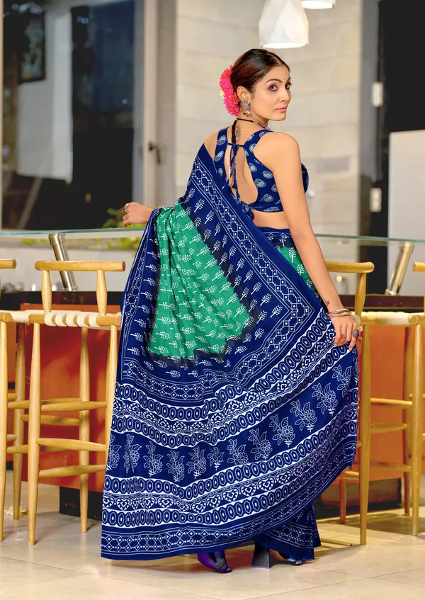 Handicraft_Beautiful_Handicraft_Pure_Soft_MulMulcotton_IKKAT_Hand_Blcok_Print_Saree_With_Blouce_Piece