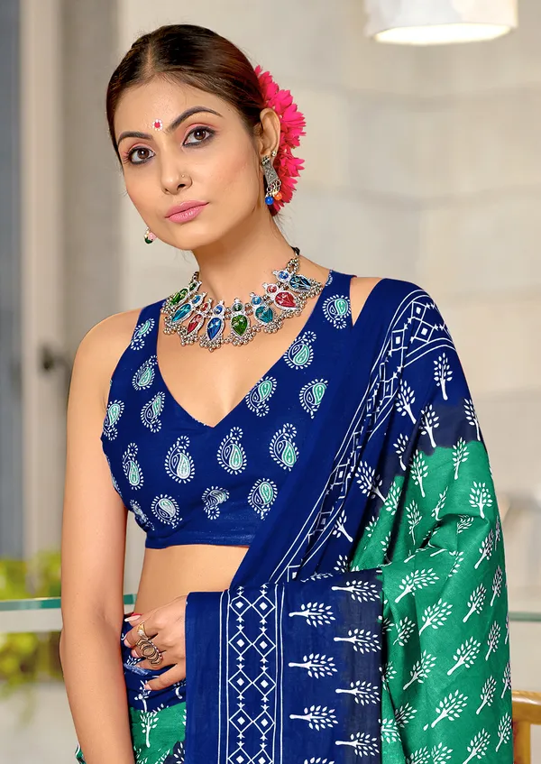 Handicraft_Beautiful_Handicraft_Pure_Soft_MulMulcotton_IKKAT_Hand_Blcok_Print_Saree_With_Blouce_Piece