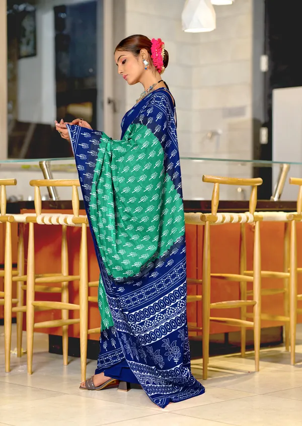 Handicraft_Beautiful_Handicraft_Pure_Soft_MulMulcotton_IKKAT_Hand_Blcok_Print_Saree_With_Blouce_Piece
