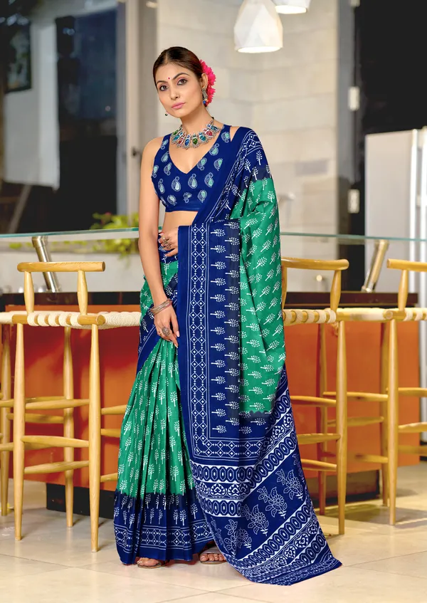 Handicraft_Beautiful_Handicraft_Pure_Soft_MulMulcotton_IKKAT_Hand_Blcok_Print_Saree_With_Blouce_Piece