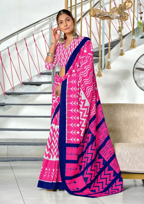 Handicraft_Beautiful_Handicraft_Pure_Soft_MulMulcotton_IKKAT_Hand_Blcok_Print_Saree_With_Blouce_Piece