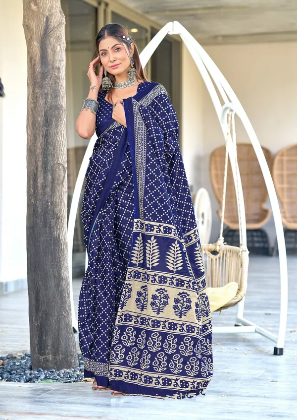Handicraft_Beautiful_Handicraft_Pure_Soft_MulMulcotton_IKKAT_Hand_Blcok_Print_Saree_With_Blouce_Piece