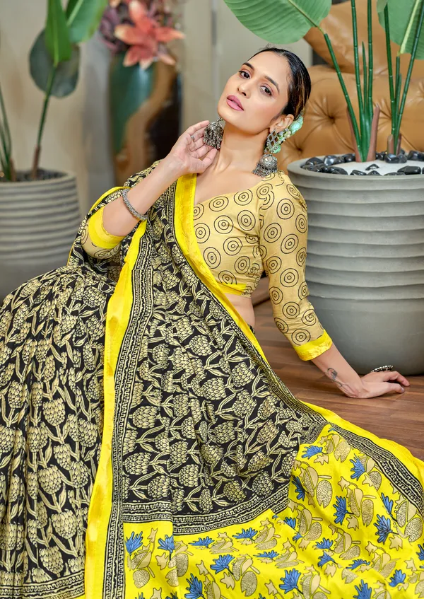Yellow_Black_Beautiful_Jaipuri_Handicraft_Rajwadi_Block_Print_Pure_Soft_MulMul_Cotton_Zari_Border_Saree_With_Blouse_Piece