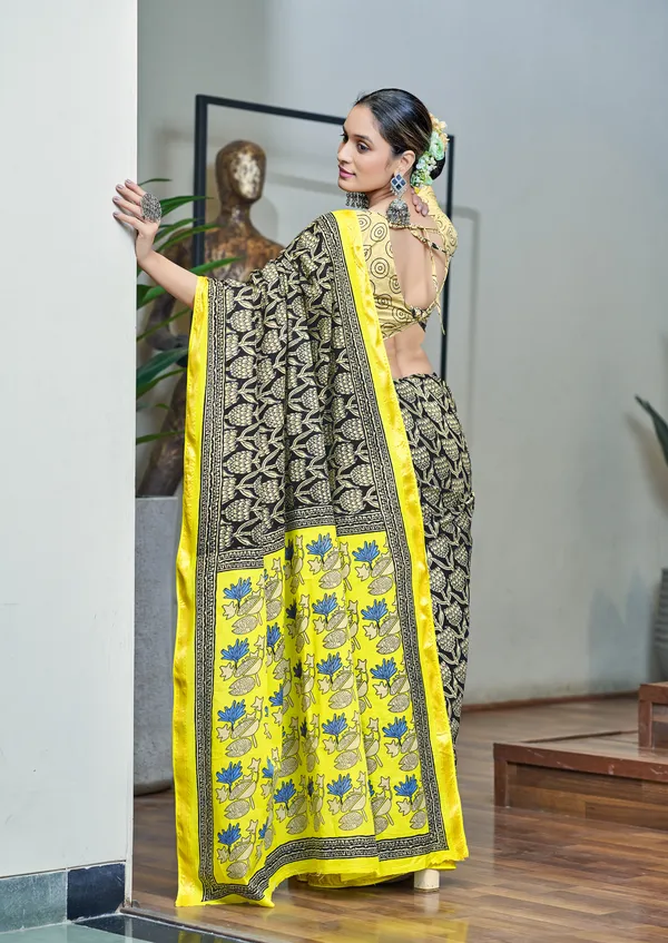 Yellow_Black_Beautiful_Jaipuri_Handicraft_Rajwadi_Block_Print_Pure_Soft_MulMul_Cotton_Zari_Border_Saree_With_Blouse_Piece