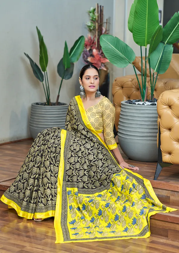 Yellow_Black_Beautiful_Jaipuri_Handicraft_Rajwadi_Block_Print_Pure_Soft_MulMul_Cotton_Zari_Border_Saree_With_Blouse_Piece