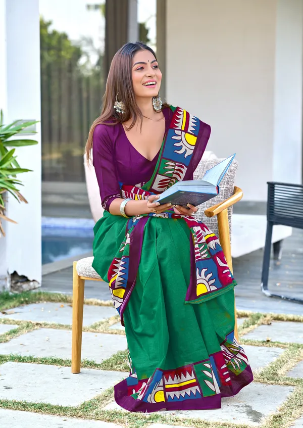 Handicraft_Beautiful_Handicraft_Pure_Soft_MulMulcotton_IKKAT_Hand_Blcok_Print_Saree_With_Blouce_Piece