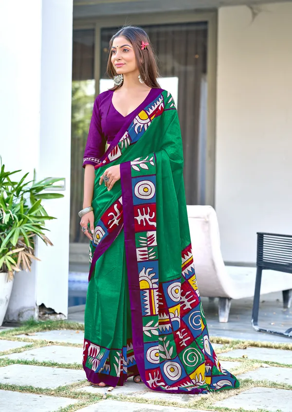 Handicraft_Beautiful_Handicraft_Pure_Soft_MulMulcotton_IKKAT_Hand_Blcok_Print_Saree_With_Blouce_Piece