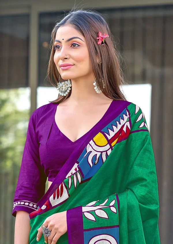 Handicraft_Beautiful_Handicraft_Pure_Soft_MulMulcotton_IKKAT_Hand_Blcok_Print_Saree_With_Blouce_Piece
