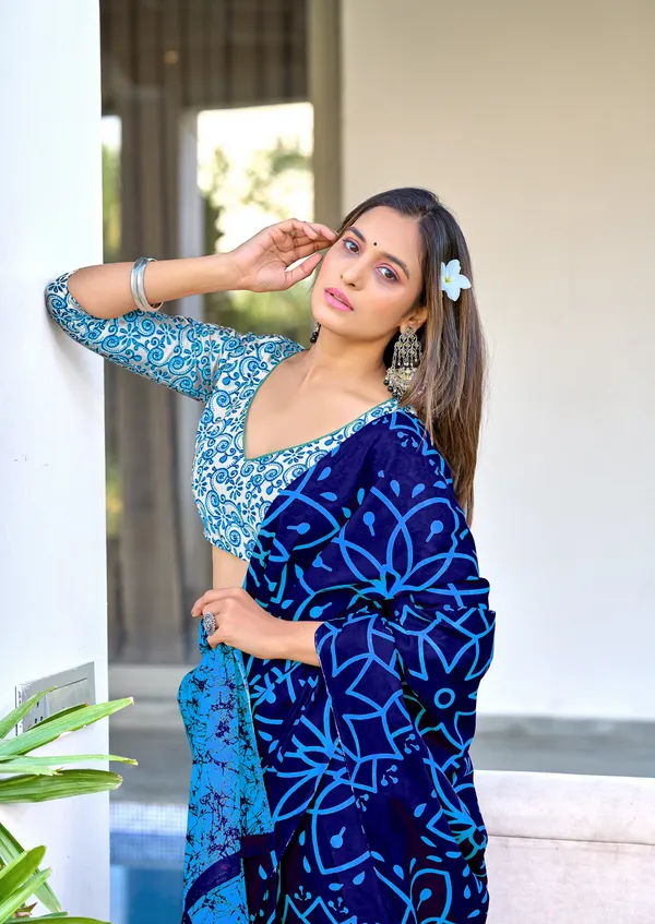 Handicraft_Beautiful_Handicraft_Pure_Soft_MulMulcotton_IKKAT_Hand_Blcok_Print_Saree_With_Blouce_Piece