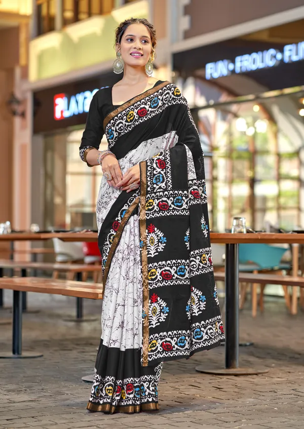 Black_Beautiful_Zari_Border_Handicraft_Pure_Soft_MulMul_Ikkat_Hand_Print_Cotton_Saree_With_Blouse_Piece