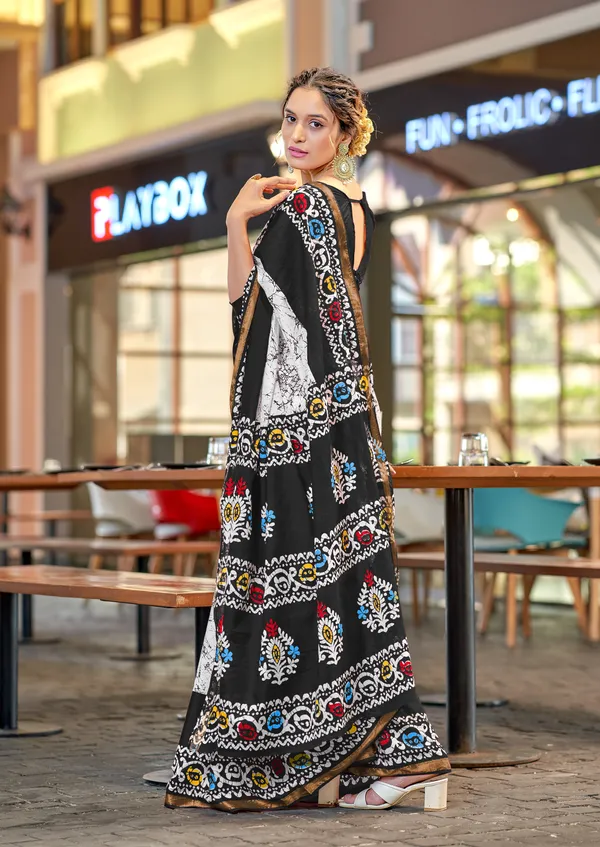 Black_Beautiful_Zari_Border_Handicraft_Pure_Soft_MulMul_Ikkat_Hand_Print_Cotton_Saree_With_Blouse_Piece