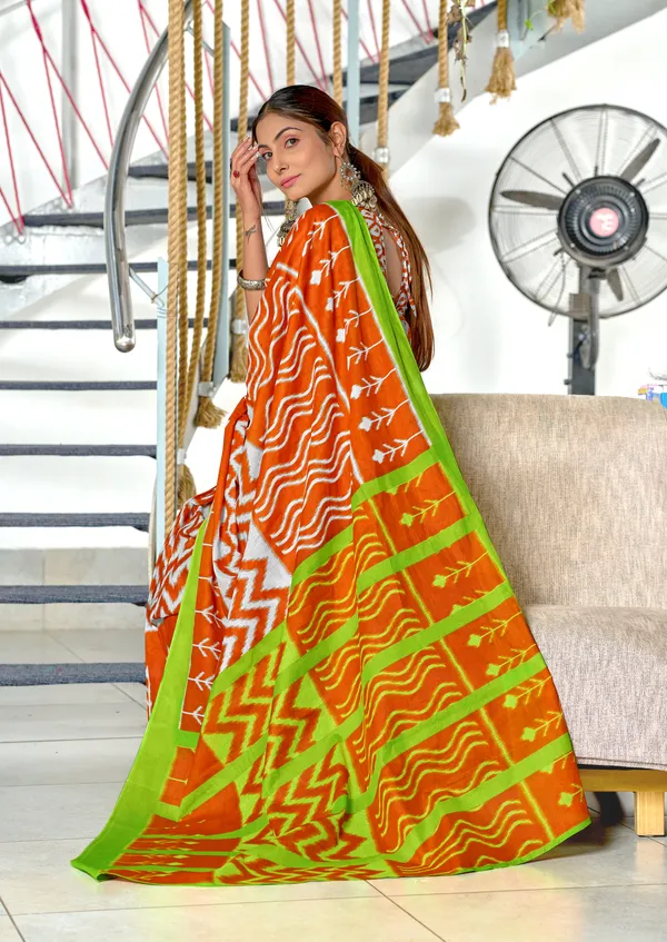 Handicraft_Beautiful_Handicraft_Pure_Soft_MulMulcotton_IKKAT_Hand_Blcok_Print_Saree_With_Blouce_Piece