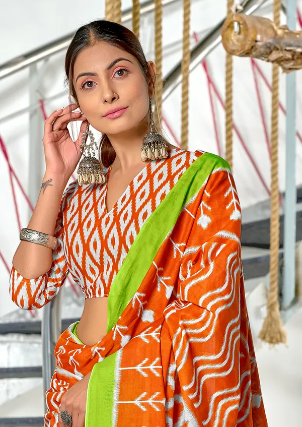 Handicraft_Beautiful_Handicraft_Pure_Soft_MulMulcotton_IKKAT_Hand_Blcok_Print_Saree_With_Blouce_Piece