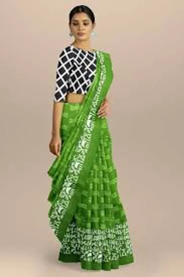 Handicraft_Women's_Pure_Soft_Cotton_Block_Printed_Casual_Wear_Saree_With_Blouse_Piece_Ragini_White_Green_With_Blouse_Piece