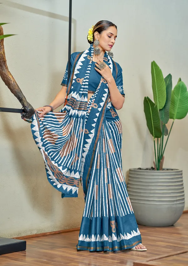 Fancy__Handicraft_Ikkat_Hand_Print_Pure_Soft_MulMul_Cotton_Saree_With_Reach_Zari_Border__With_Blouse_Piece