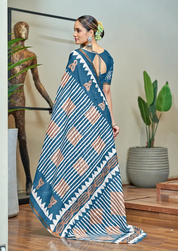 Fancy__Handicraft_Ikkat_Hand_Print_Pure_Soft_MulMul_Cotton_Saree_With_Reach_Zari_Border__With_Blouse_Piece