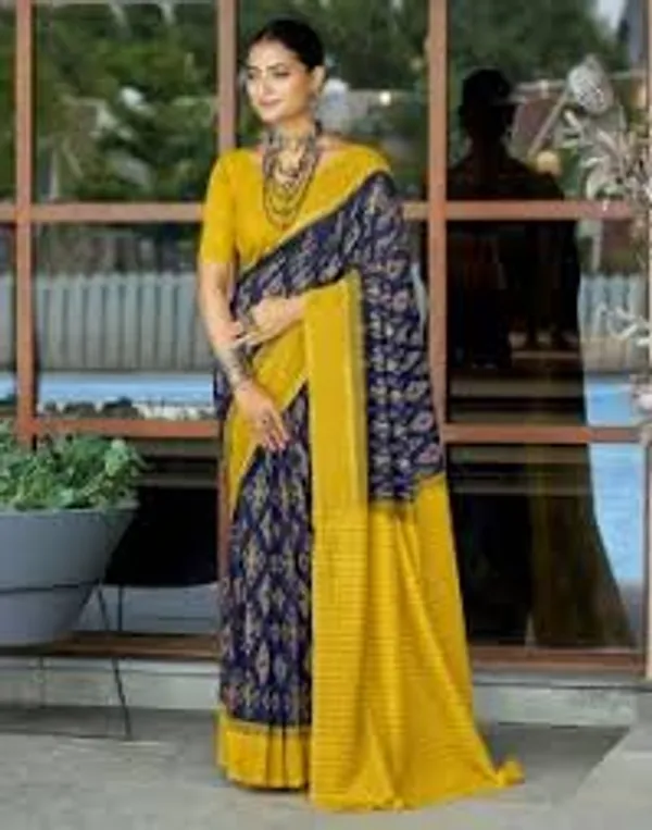 Beautiful_Handicraft_Pure_Soft_MulMul_Cotton_Ikkat_Hand_PrintedSaree_With_Blouse_Piece