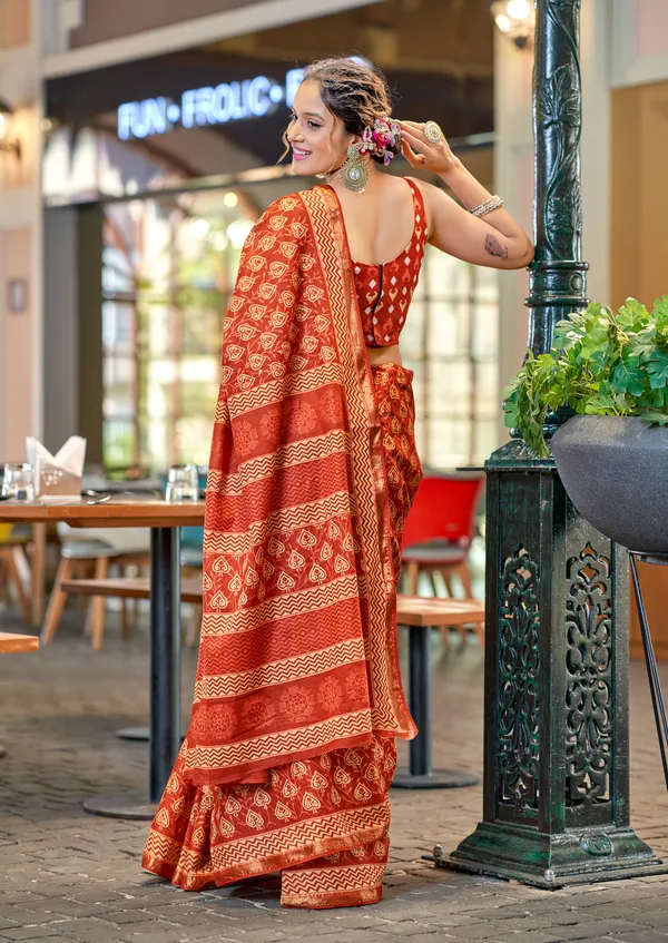 Beautiful_Handicraft_Pure_Soft_MulMul_Cotton_Ikkat_Hand_Printed_Saree_With_Blouse_Piece