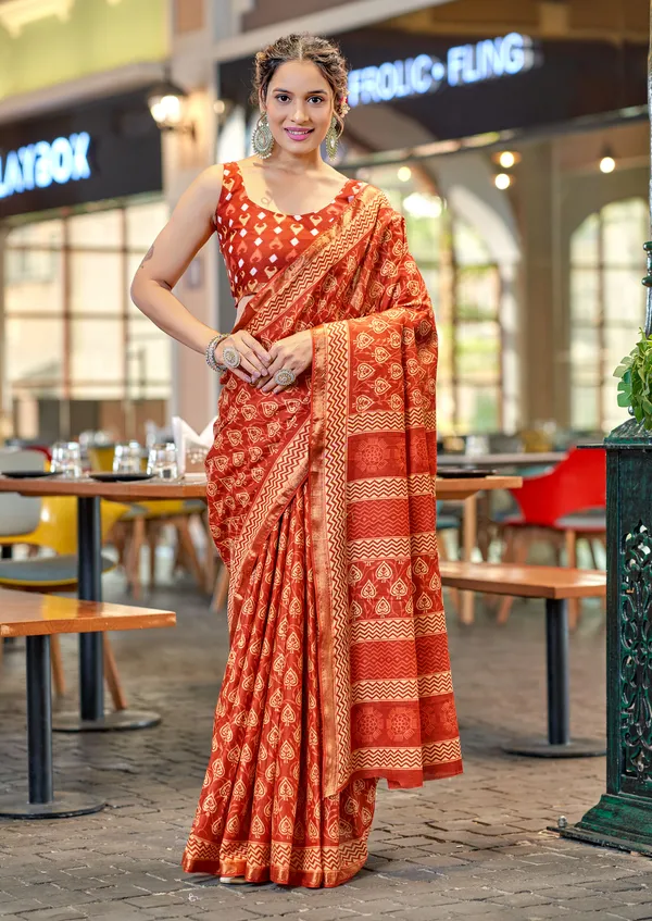 Beautiful_Handicraft_Pure_Soft_MulMul_Cotton_Ikkat_Hand_Printed_Saree_With_Blouse_Piece