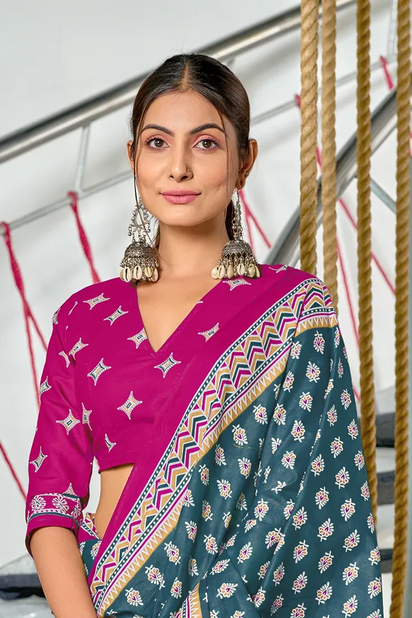 Handicraft_Beautiful_Handicraft_Pure_Soft_MulMulcotton_IKKAT_Hand_Blcok_Print_Saree_With_Blouce_Piece