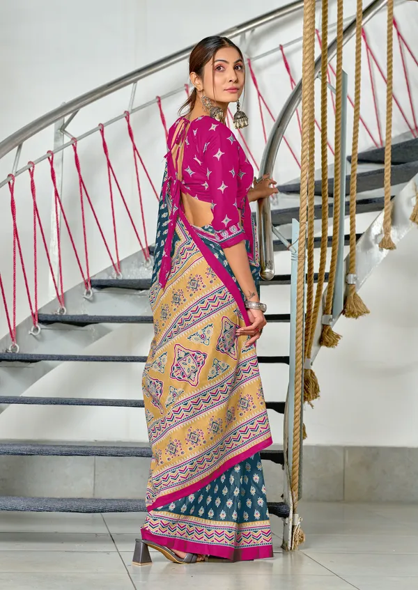 Handicraft_Beautiful_Handicraft_Pure_Soft_MulMulcotton_IKKAT_Hand_Blcok_Print_Saree_With_Blouce_Piece