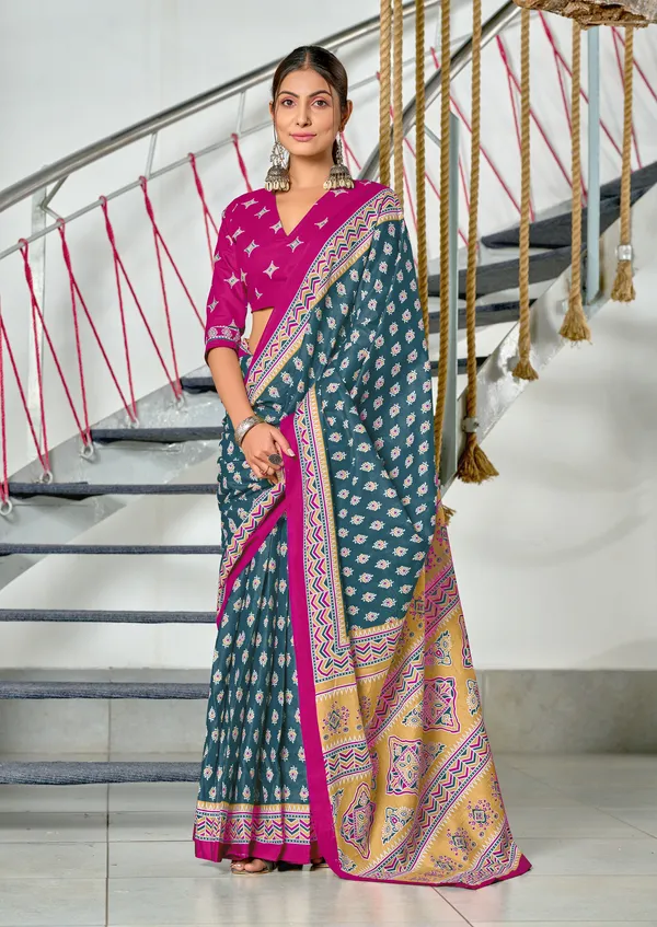 Handicraft_Beautiful_Handicraft_Pure_Soft_MulMulcotton_IKKAT_Hand_Blcok_Print_Saree_With_Blouce_Piece