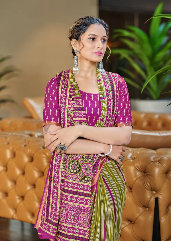 Beautiful_Handicraft_Pure_Soft_MulMul_Cotton_Ikkat_Hand_Printed_Saree_With_Blouse_Piece