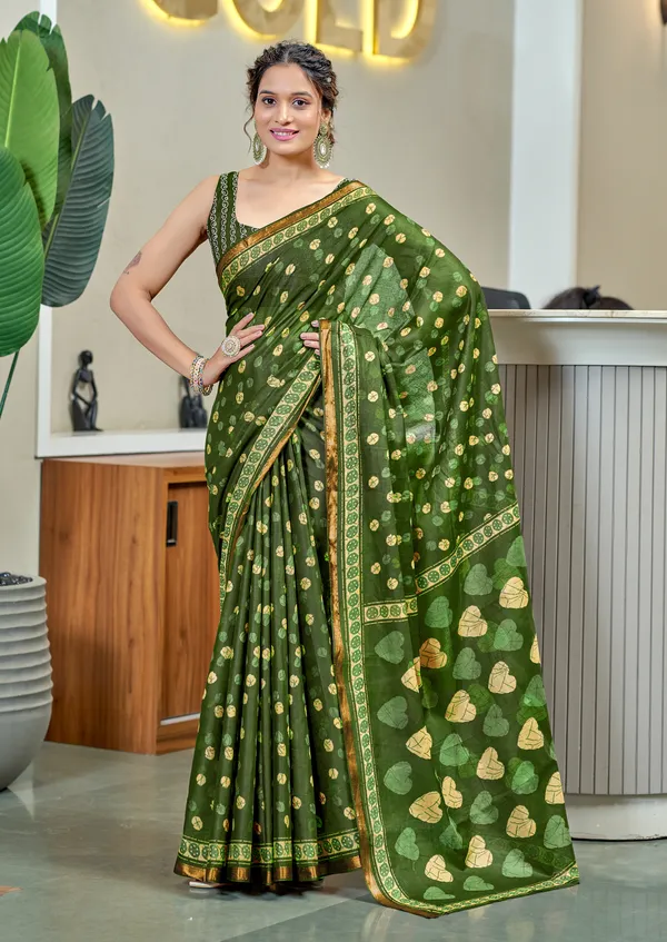 Green__Beautiful_Zari_Border_Handicraft_Pure_Soft_MulMul_Jaipuri_Hand_BlockPrint_Cotton_Saree_With_Blouse_Piece