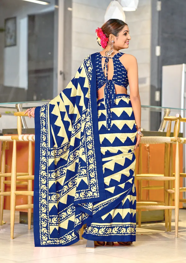 Handicraft_Beautiful_Handicraft_Pure_Soft_MulMulcotton_IKKAT_Hand_Blcok_Print_Saree_With_Blouce_Piece