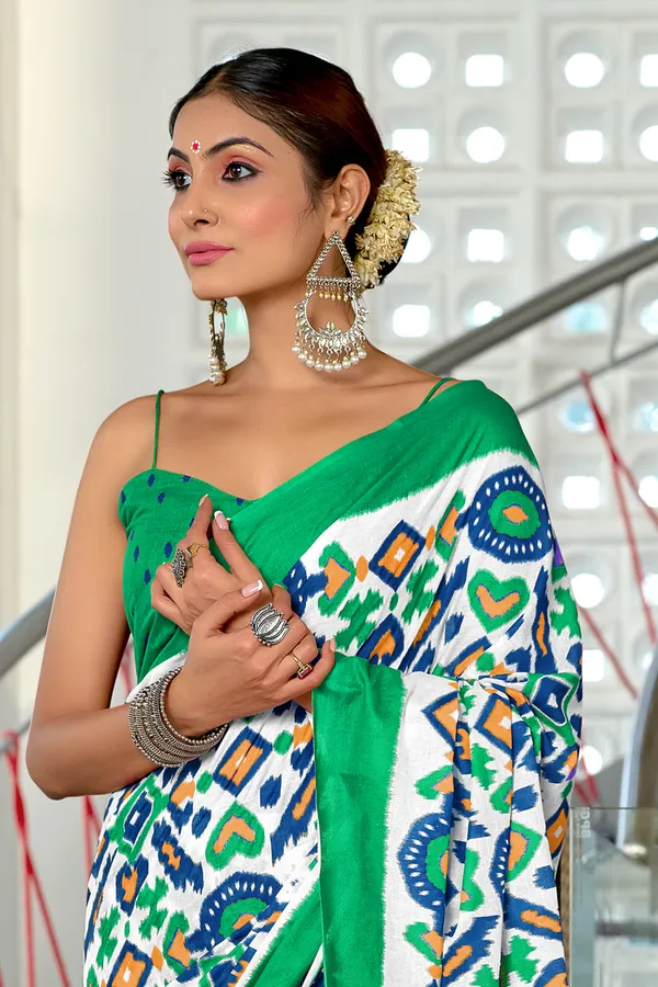 Handicraft_Beautiful_Handicraft_Pure_Soft_MulMulcotton_IKKAT_Hand_Blcok_Print_Saree_With_Blouce_Piece