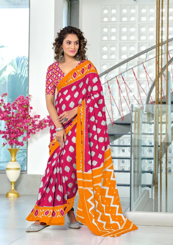 Handicraft_Beautiful_Handicraft_Pure_Soft_MulMulcotton_IKKAT_Hand_Blcok_Print_Saree_With_Blouce_Piece