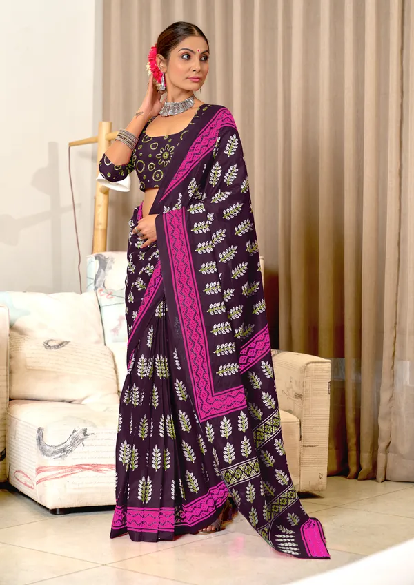 Handicraft_Beautiful_Handicraft_Pure_Soft_MulMulcotton_IKKAT_Hand_Blcok_Print_Saree_With_Blouce_Piece