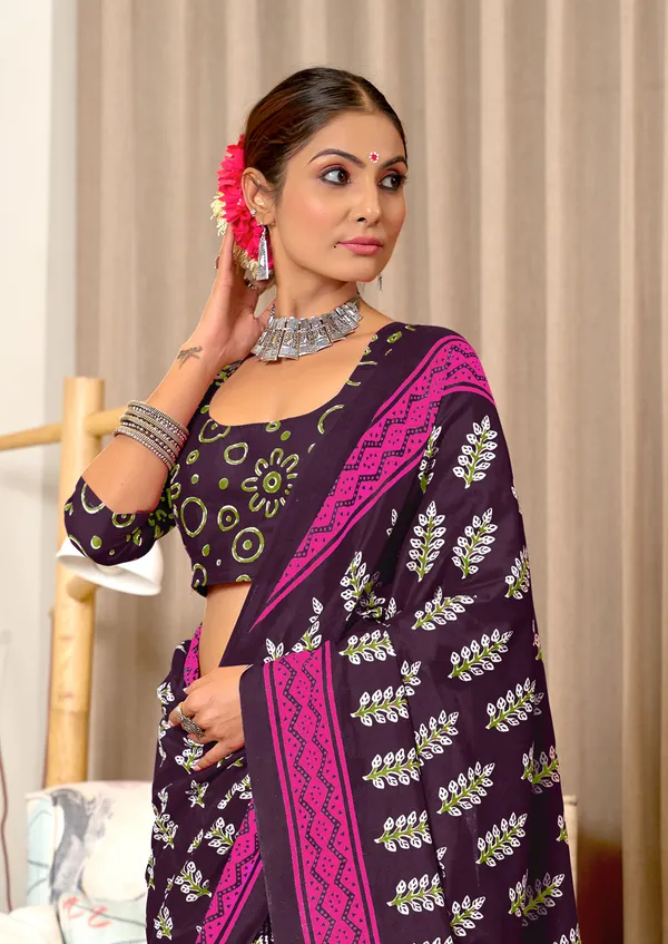 Handicraft_Beautiful_Handicraft_Pure_Soft_MulMulcotton_IKKAT_Hand_Blcok_Print_Saree_With_Blouce_Piece