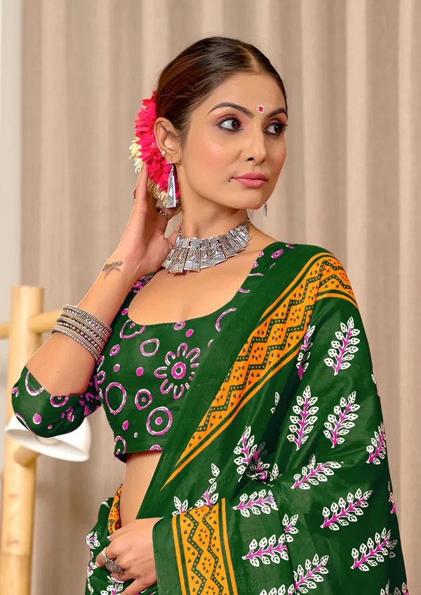 Handicraft_Beautiful_Handicraft_Pure_Soft_MulMulcotton_IKKAT_Hand_Blcok_Print_Saree_With_Blouce_Piece