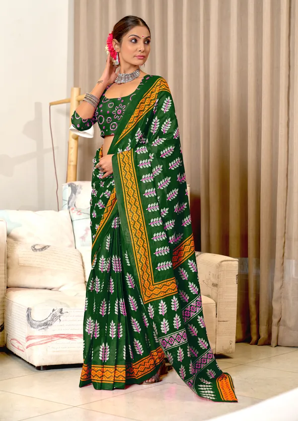 Handicraft_Beautiful_Handicraft_Pure_Soft_MulMulcotton_IKKAT_Hand_Blcok_Print_Saree_With_Blouce_Piece
